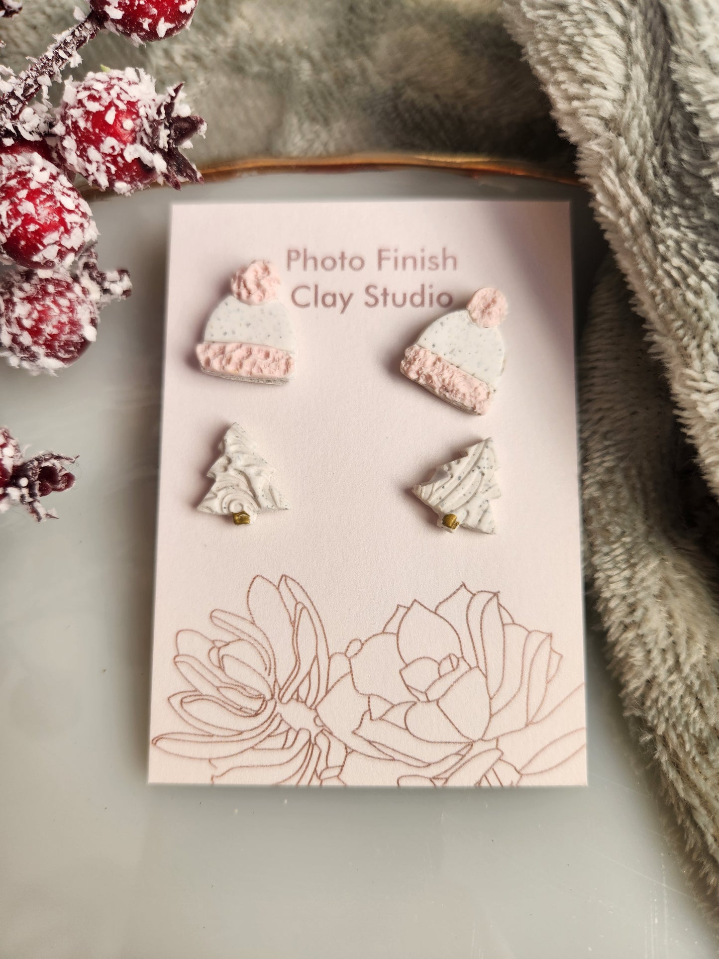 Cozy Hats and Snowy Trees Stud Earrings