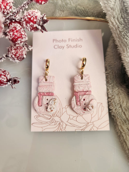 Speckled Pink Snowman Dangle Earrings